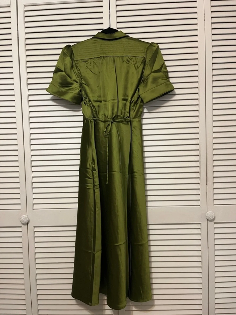 Tuckernuck Olive Satin Midi Dress with Puff Sleeves - Picture 3 of 7